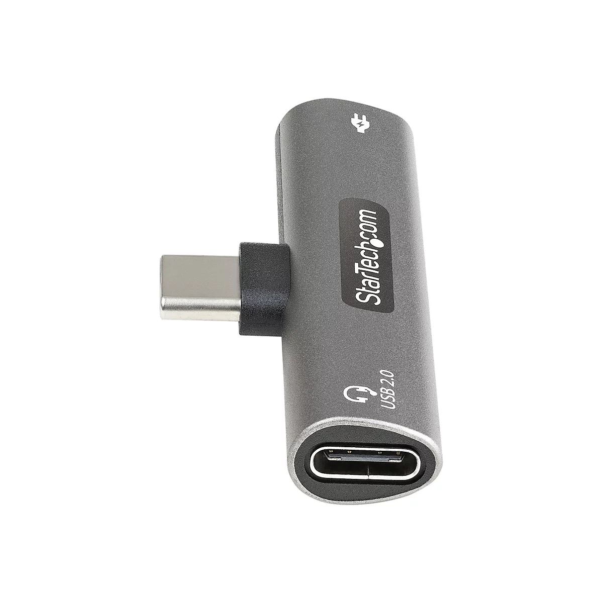 Grauer USB-C-Adapter mit Logo. Am oberen Ende ein Blitzsymbol, am unteren Ende ein Kopfhörersymbol und die Aufschrift USB 2.0.