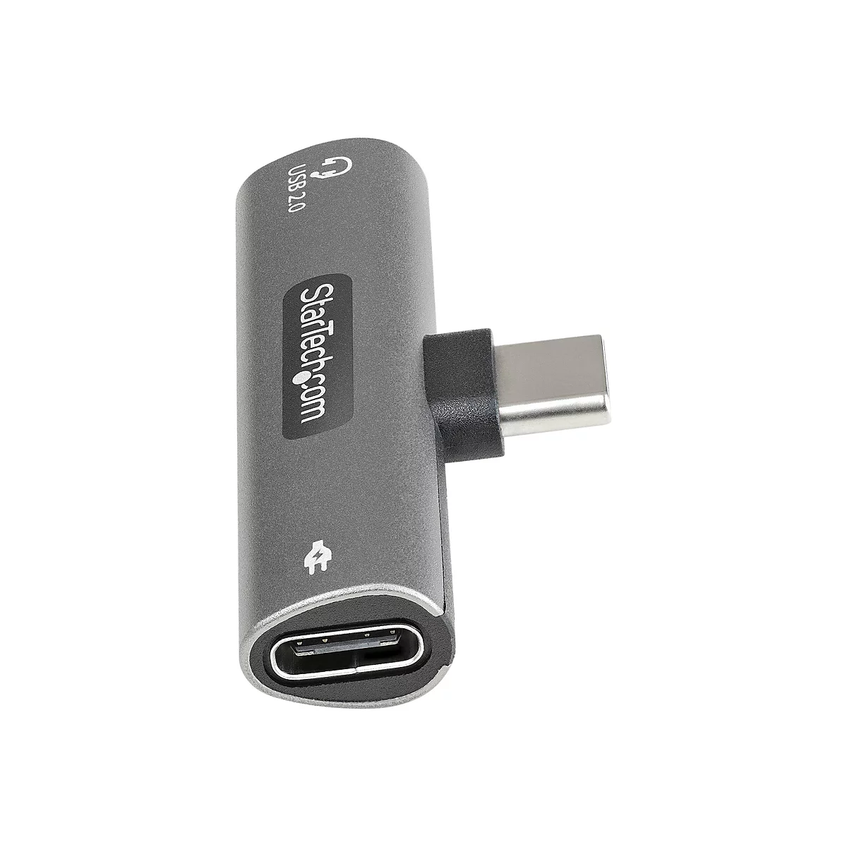 Grauer USB-C-Adapter mit USB 2.0- und USB-C-Anschlüssen. Aufschrift Startech.com und Symbole.