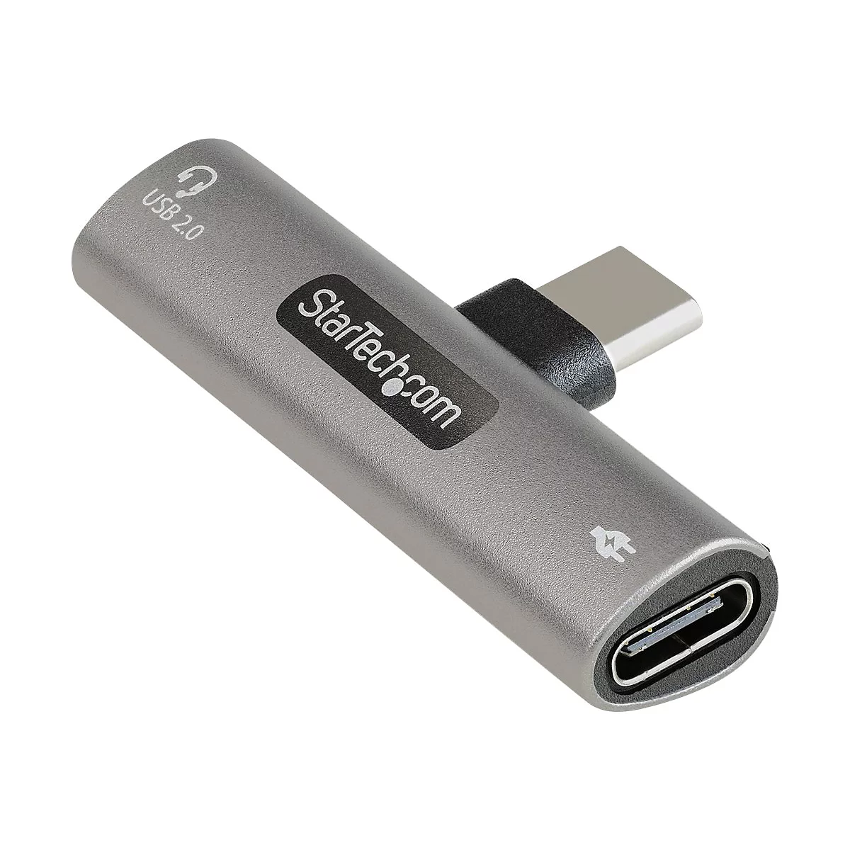 Grauer USB-C-Adapter mit USB 2.0 und StarTech.com-Logo. EnthÃ¤lt einen USB-C-Anschluss und einen KopfhÃ¶reranschluss.