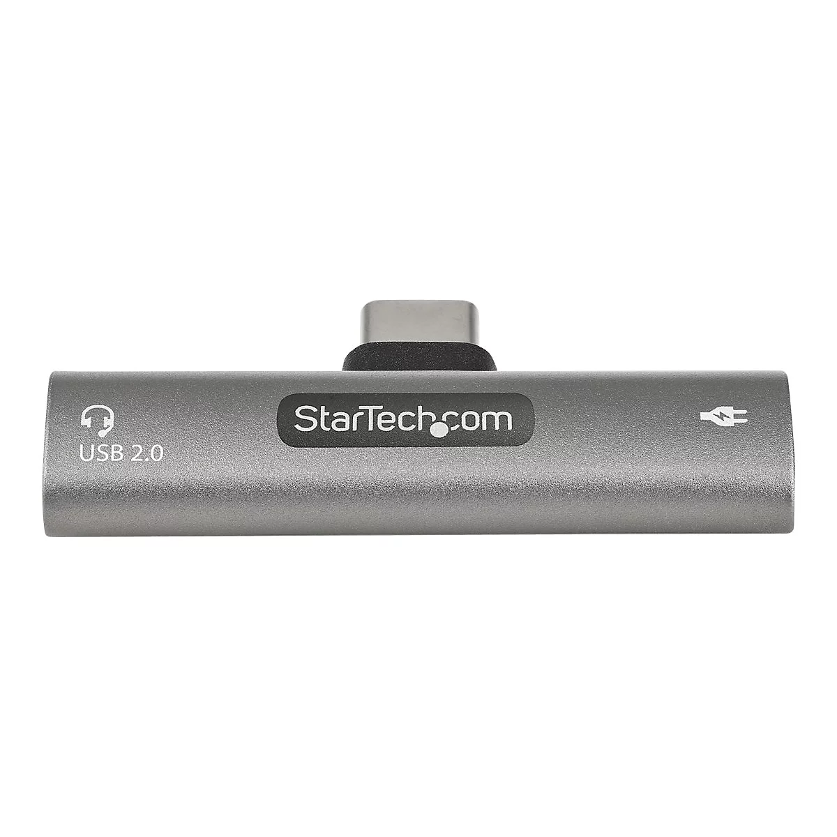 Grauer USB-C-auf-USB-A-Adapter mit StarTech.com-Logo, KopfhÃ¶rer- und Ladeanschluss.