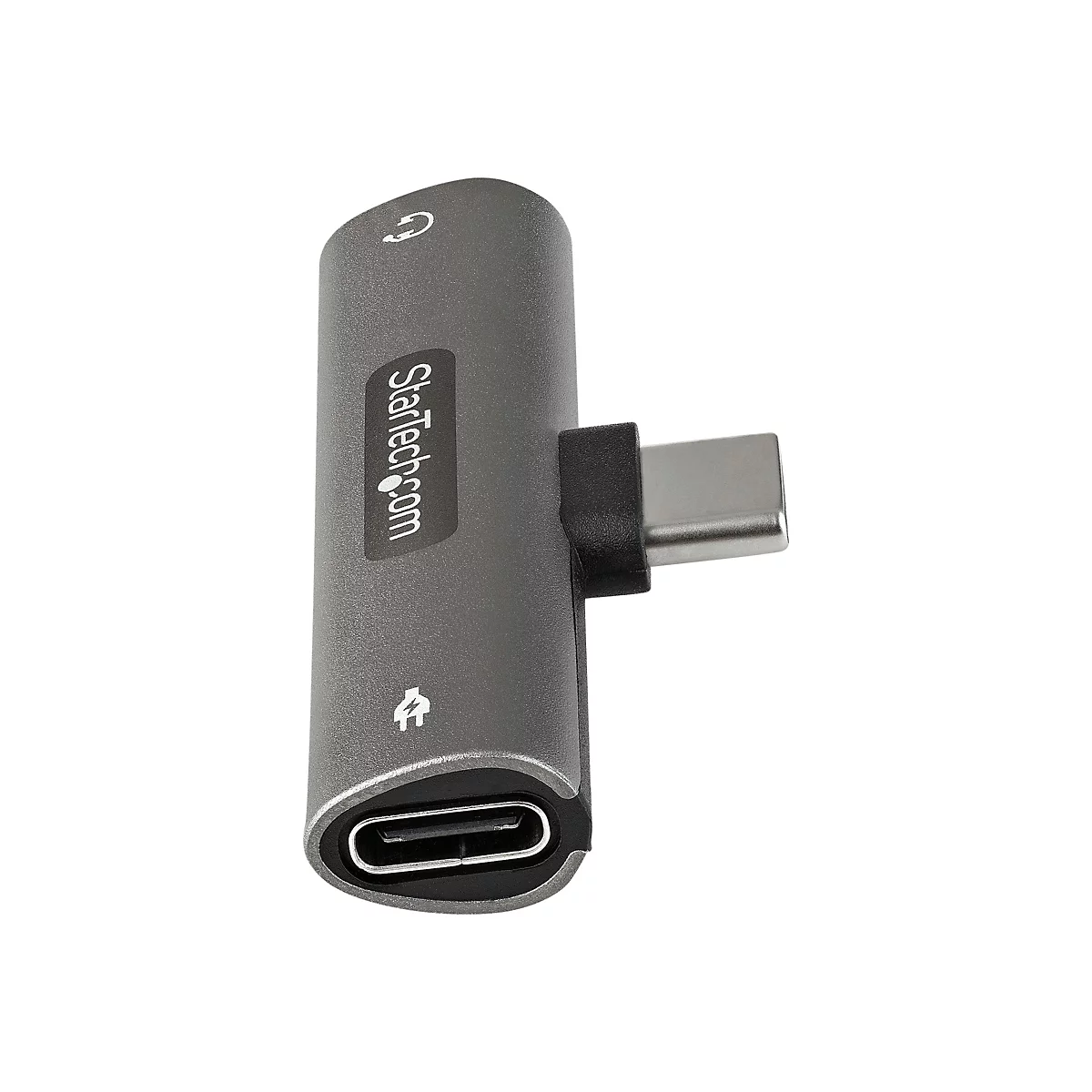 Ein grauer USB-C-Adapter mit Logo "Startech.com" auf weißem Hintergrund.