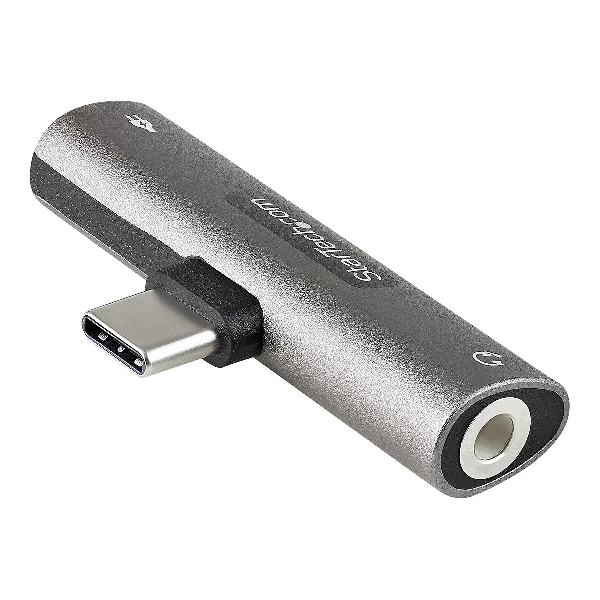 Grauer USB-C-auf-3,5-mm-Audio-Adapter. Logo und Schriftzug Startech.com auf der Oberfläche.