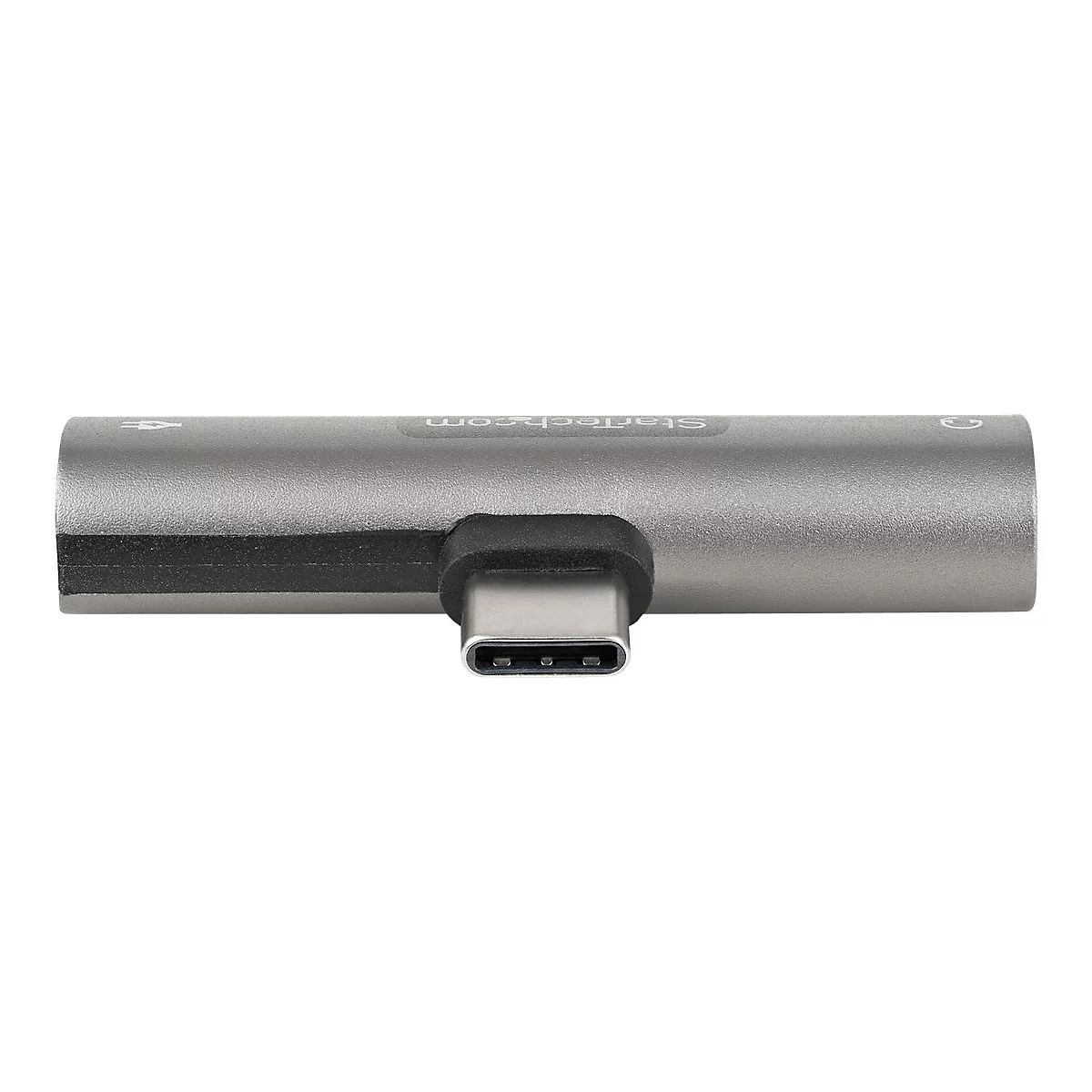 Grauer USB-C-Adapter mit Logo. Auf der einen Seite ein USB-C-Anschluss, auf der anderen zwei Anschlüsse.