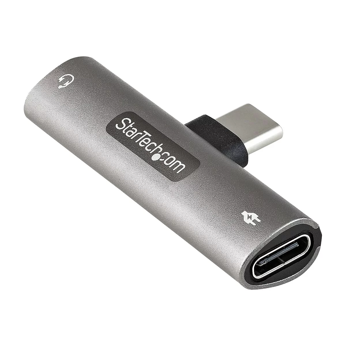 Grauer USB-C-Adapter mit Kopfhörer- und Ladeanschluss, Startech.com-Logo.