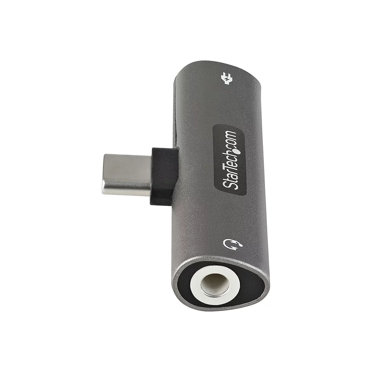 Ein grauer USB-C-auf-3,5-mm-Klinken-Adapter von StarTech.com. An der Seite befinden sich ein Kopfhörersymbol und ein Blitz-Symbol.