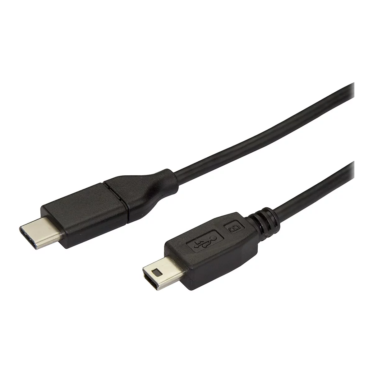 Ein schwarzes USB-Kabel, das an beiden Enden unterschiedliche Anschlüsse aufweist.
