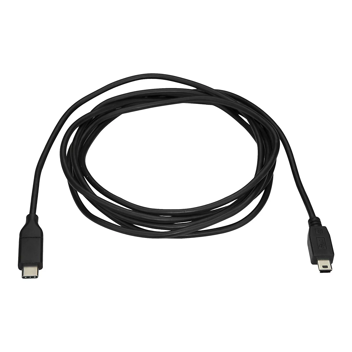 Schwarzes USB-Kabel mit USB-C- und Micro-USB-Anschluss vor weißem Hintergrund.
