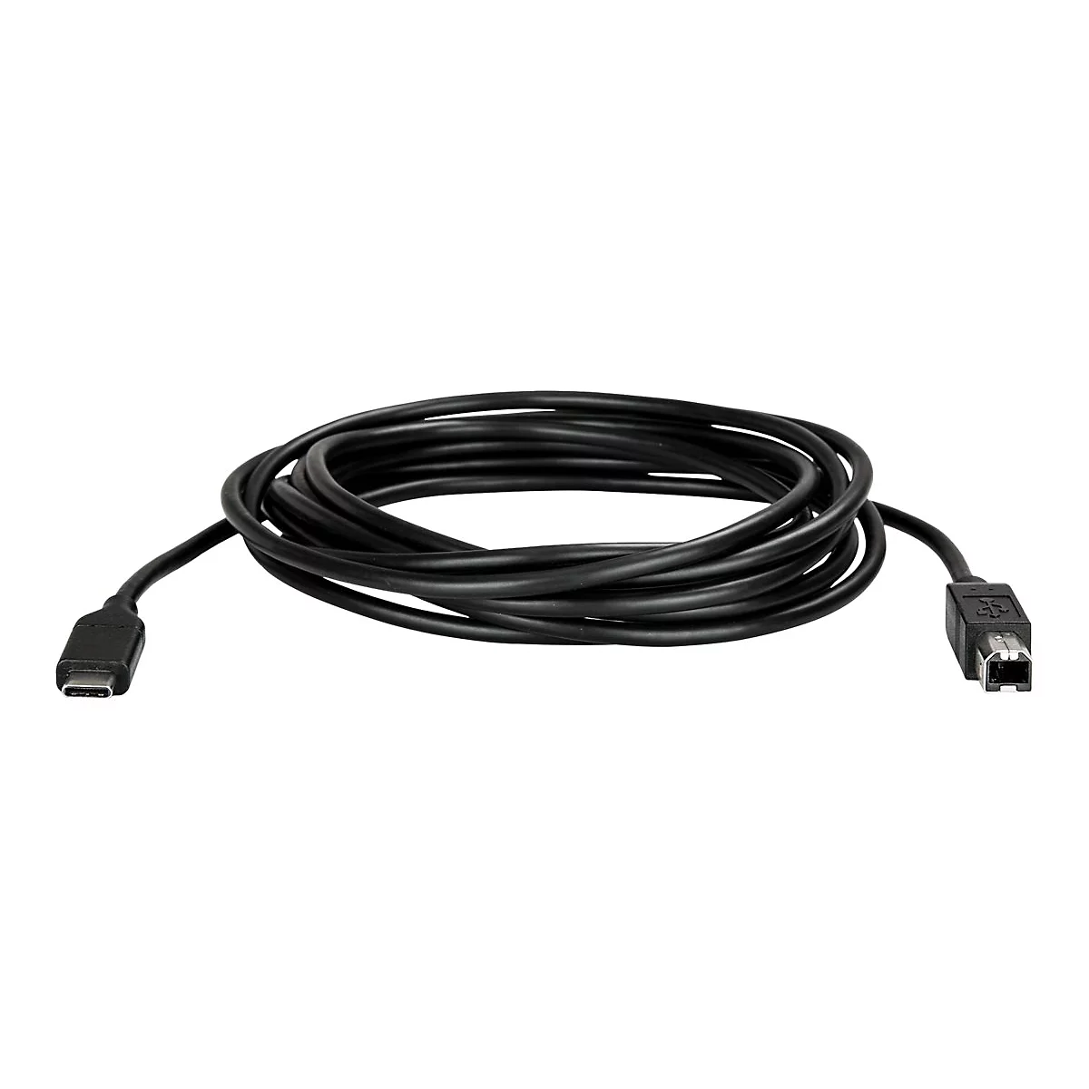 Ein schwarzes Kabel, aufgerollt. An beiden Enden sind unterschiedliche Stecker angebracht.