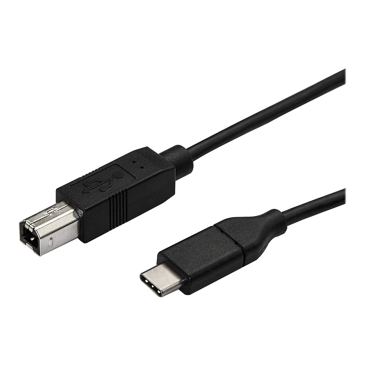 Schwarzes USB-Kabel, ein Ende USB-B-Anschluss, das andere USB-C-Anschluss. Beide Stecker sind deutlich zu erkennen.