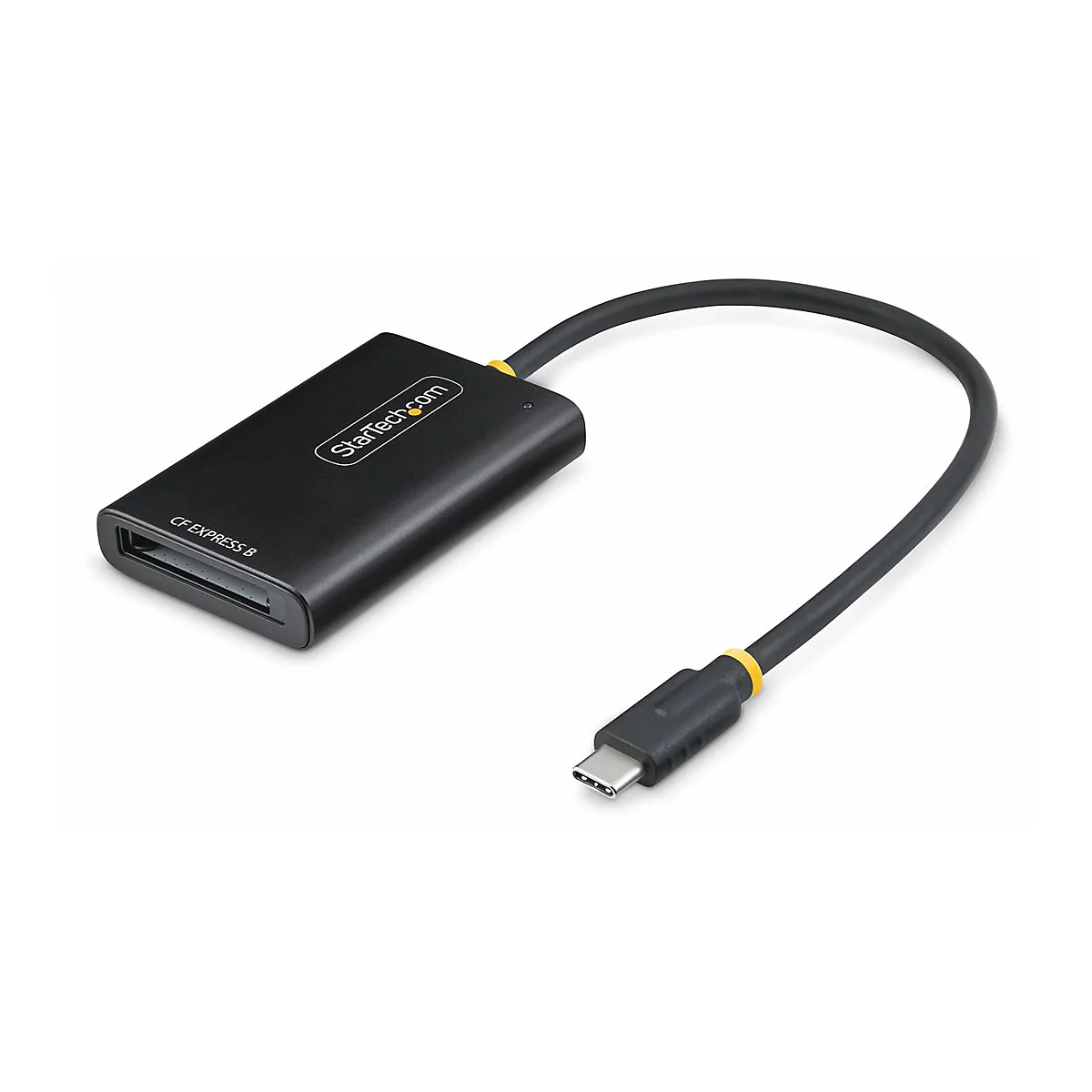Schwarzer CFexpress B Kartenleser mit USB-C Kabel. Aufschrift: StarTech.com und CF EXPRESS B.