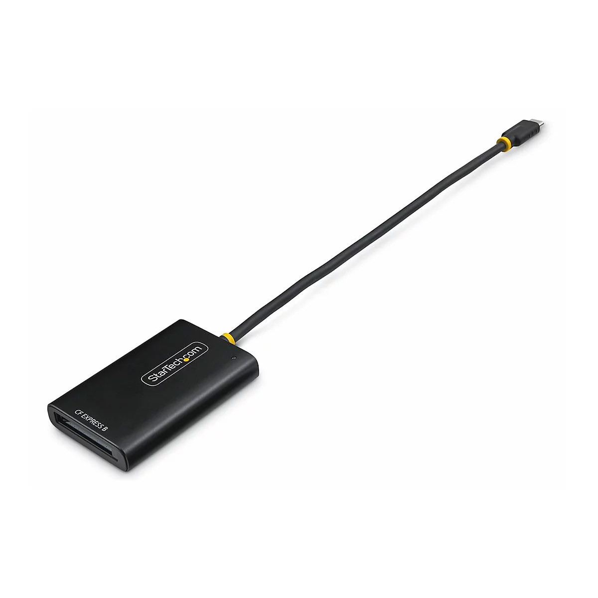Schwarzer CFexpress B Kartenleser mit USB-C Kabel. Aufschrift StarTech.com und CF EXPRESS B. Auf hellem Grund.
