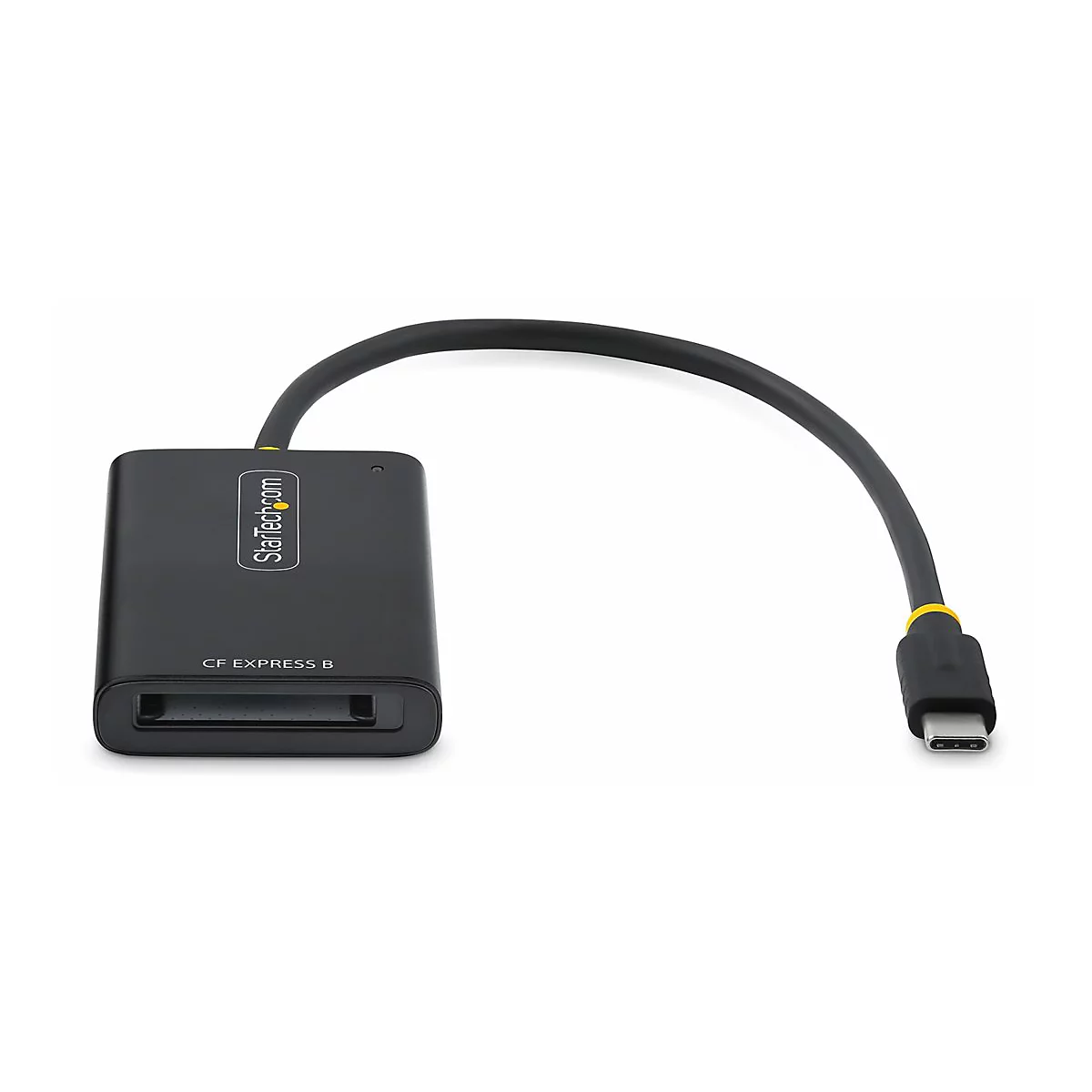 Schwarzer CFexpress B Kartenleser mit USB-C Kabel. Auf dem Lesegerät steht Startech.com und CF Express B.