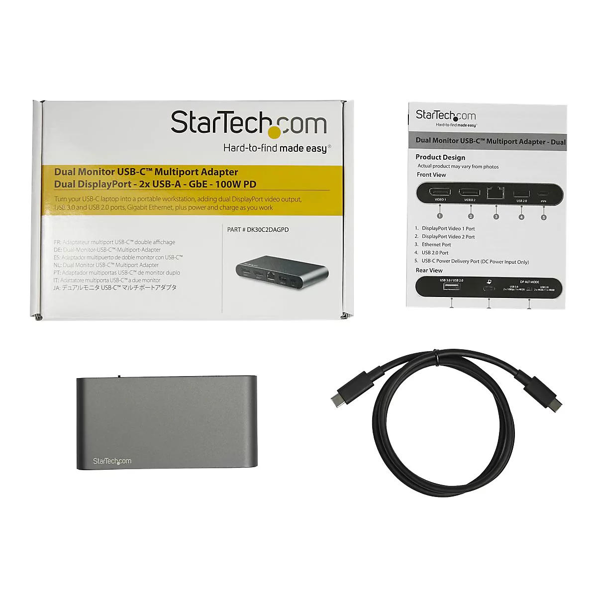 StarTech.com USB C Dock, 4K Dual Monitor DisplayPort, Mini Laptop Docking Station, 100W Power Delivery Passthrough, GbE, 2-Port USB-A Hub, USB Type-C Multiport Adapter 3.3' Cable, Dual DP - Portable USB-C Dock (DK30C2DAGPD) - Dockingstation - USB-...
