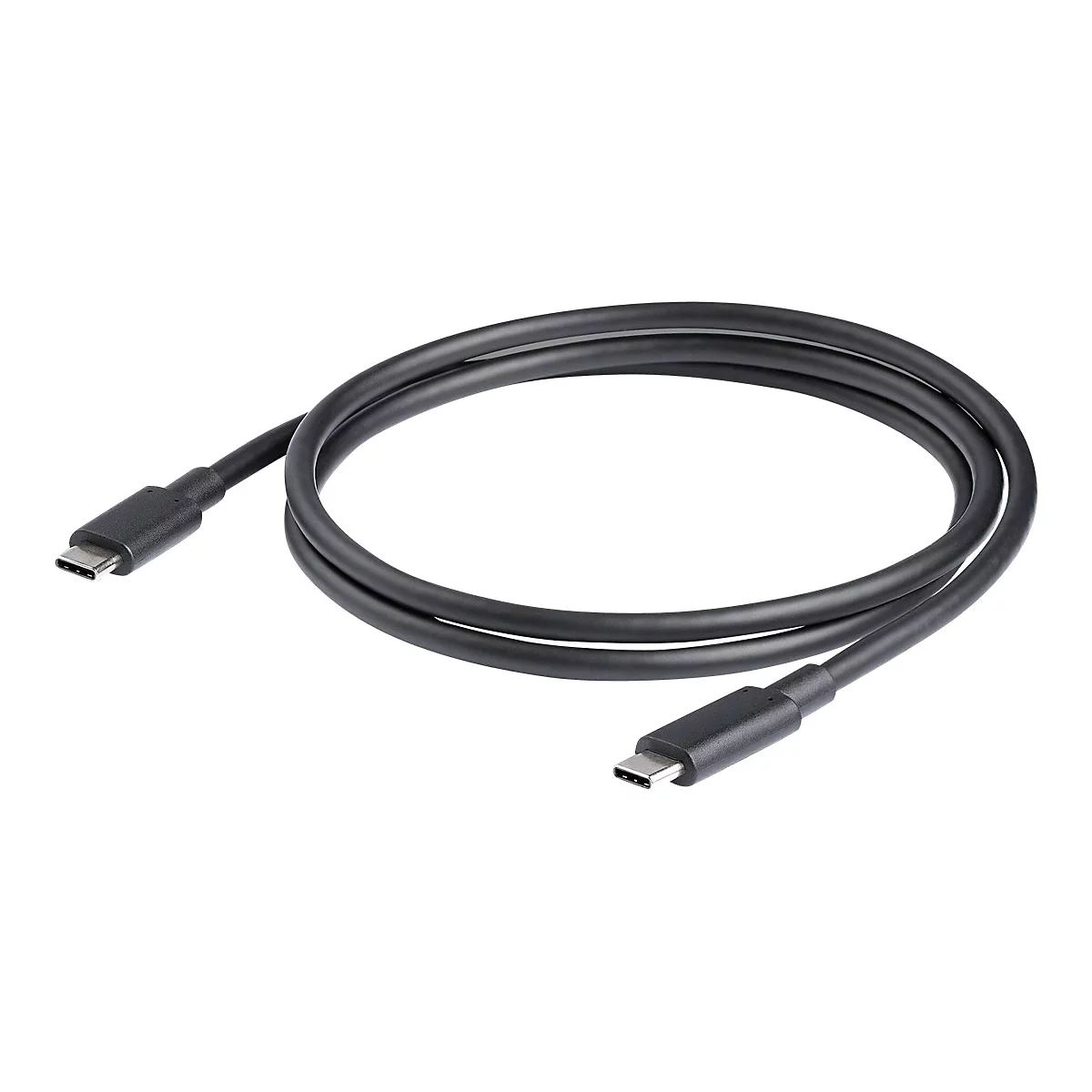 Schwarzes USB-C-Kabel auf weißem Hintergrund. Beide Enden zeigen USB-C-Anschlüsse.