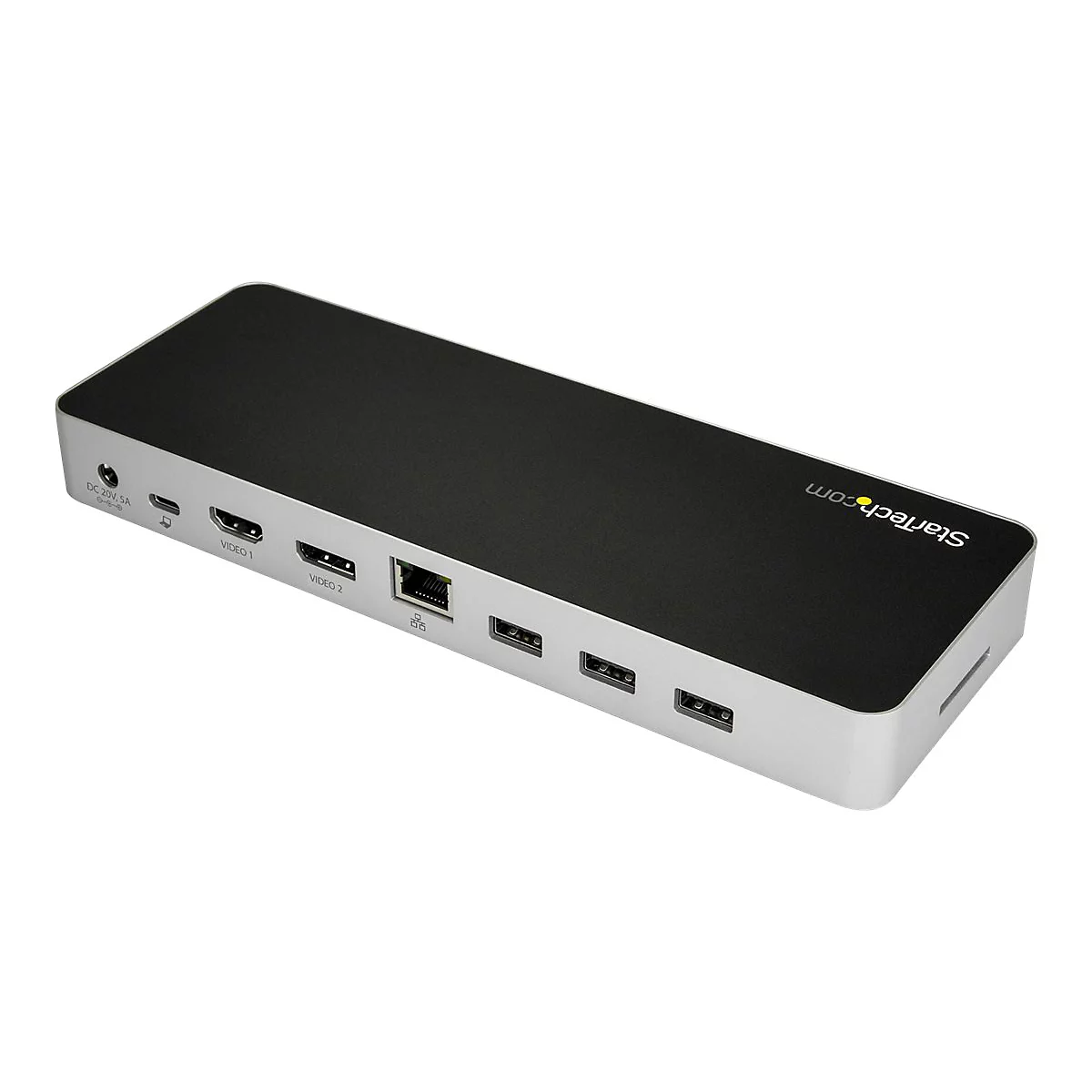 Schwarze und silberne Dockingstation von StarTech.com mit verschiedenen AnschlÃ¼ssen.