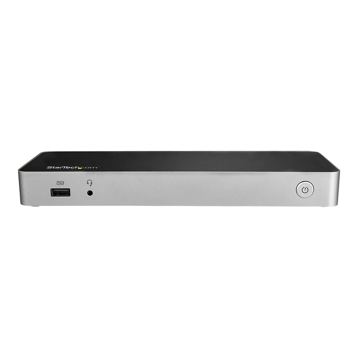 Silbernes GerÃ¤t mit schwarzem Oberteil. Auf der Vorderseite: USB-Anschluss, KopfhÃ¶rersymbol und Einschaltknopf. StarTech.com-Logo.