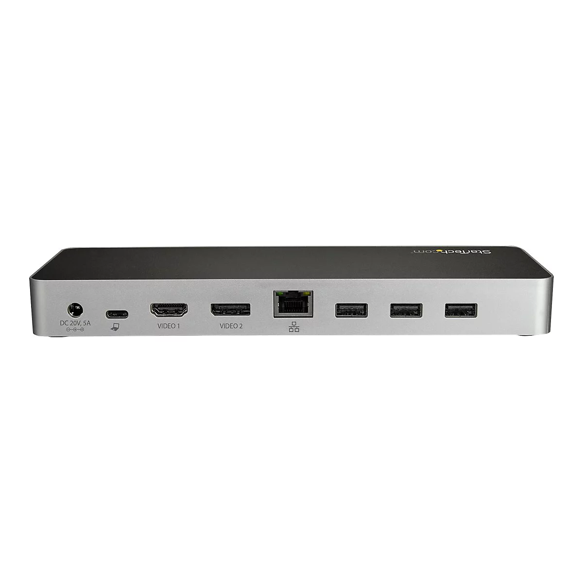 Grau-schwarze Dockingstation mit verschiedenen AnschlÃ¼ssen, wie HDMI, USB, Ethernet und Stromanschluss.