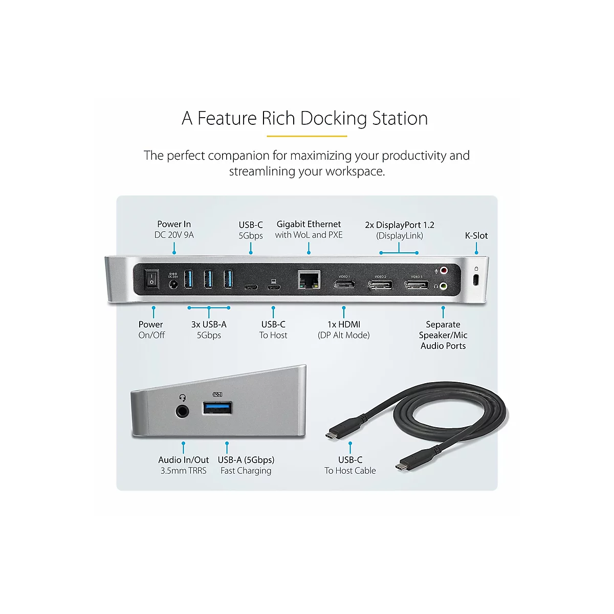 StarTech.com USB-C Dockingstation - Drei 4K Monitor Docking station mit zwei DisplayPort & HDMI - 100W Power Delivery - USB-C, 4x USB-A Hub - USB 3.1 Gen 1 Typ-C Dock - Windows & Mac (DK30CH2DEPUE) - Dockingstation - USB-C - HDMI, DP - GigE - TAA-...