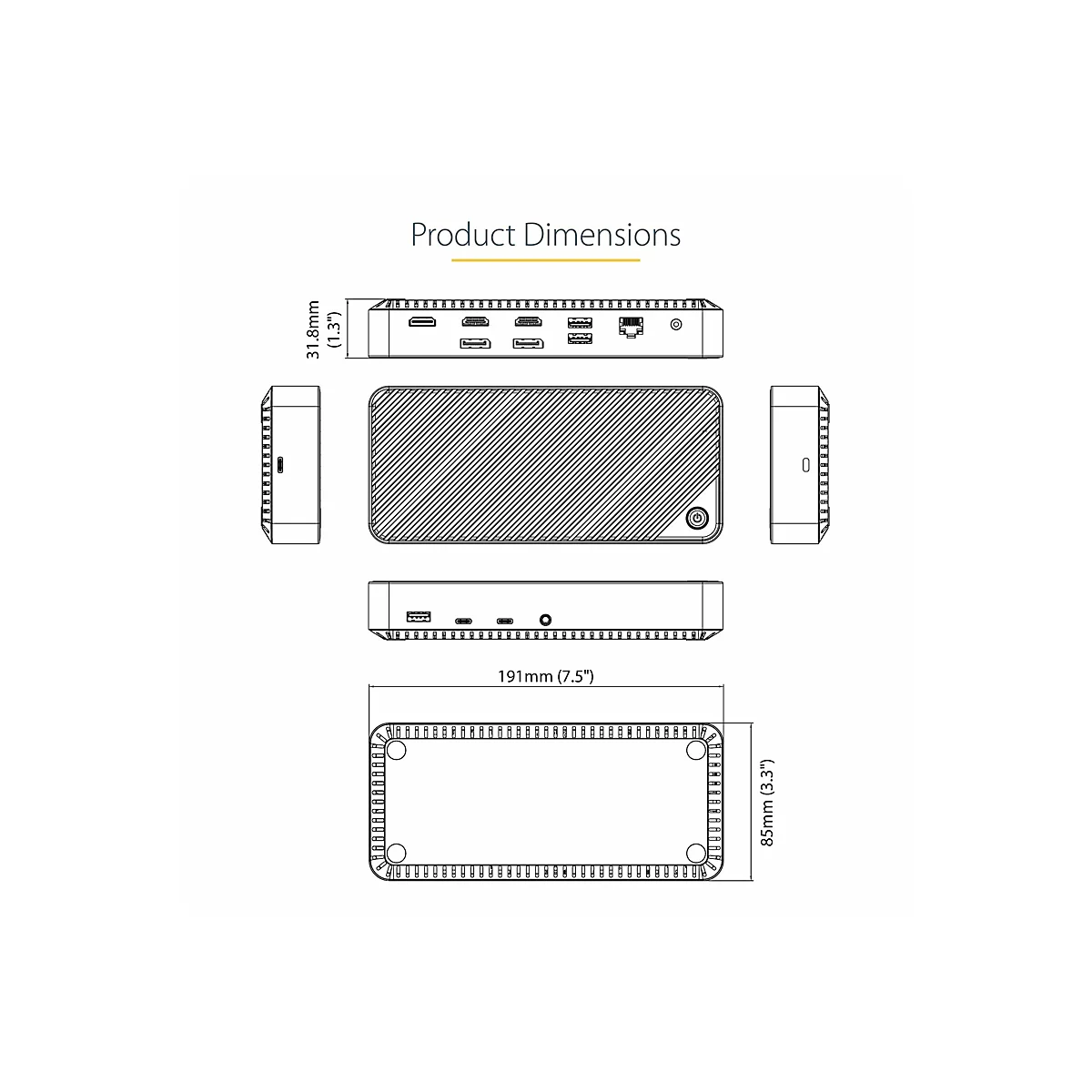 Technisches Diagramm, das die Abmessungen eines Produkts zeigt. Es enthÃ¤lt Ansichten von oben, unten und der Seite. MaÃŸe in mm und Zoll.