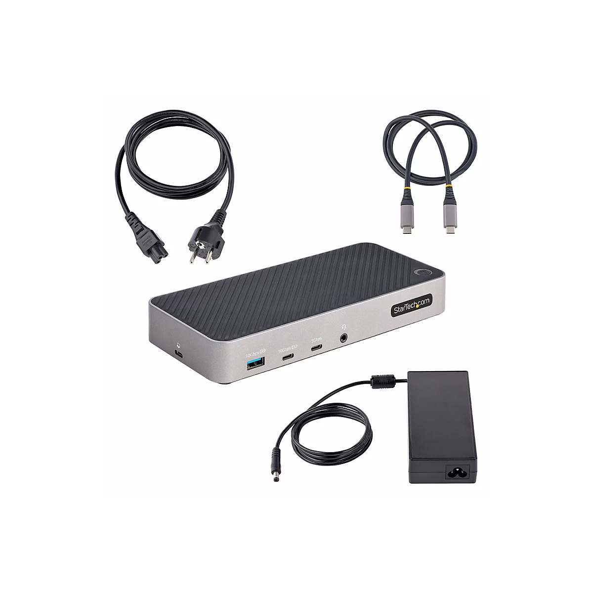 Dockingstation mit Kabeln und Netzteil. Das Produkt ist auf weiÃŸem Hintergrund abgebildet. Kabel in Schwarz.