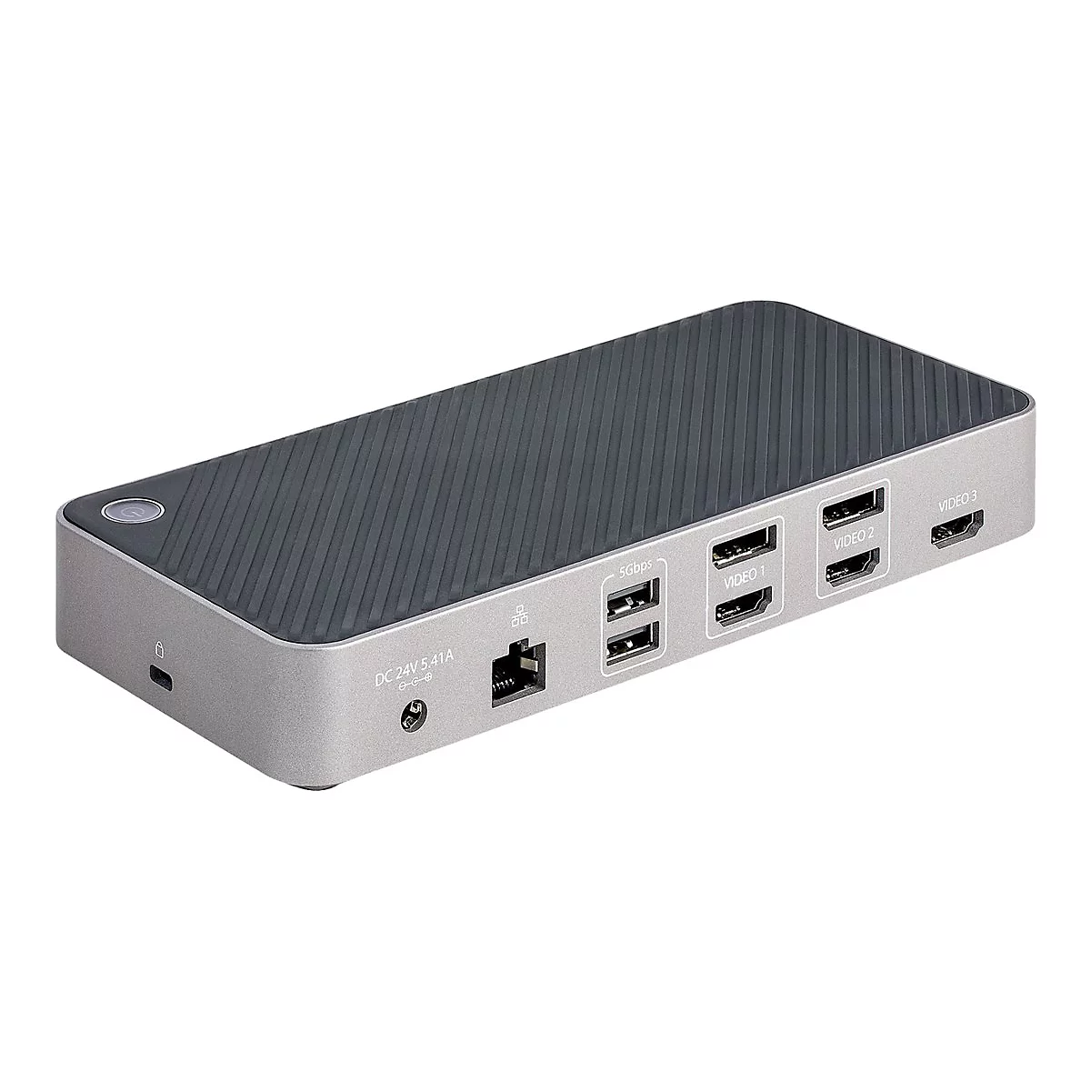 Grauer Dockingstation-Adapter mit verschiedenen AnschlÃ¼ssen, wie USB, HDMI und Ethernet.