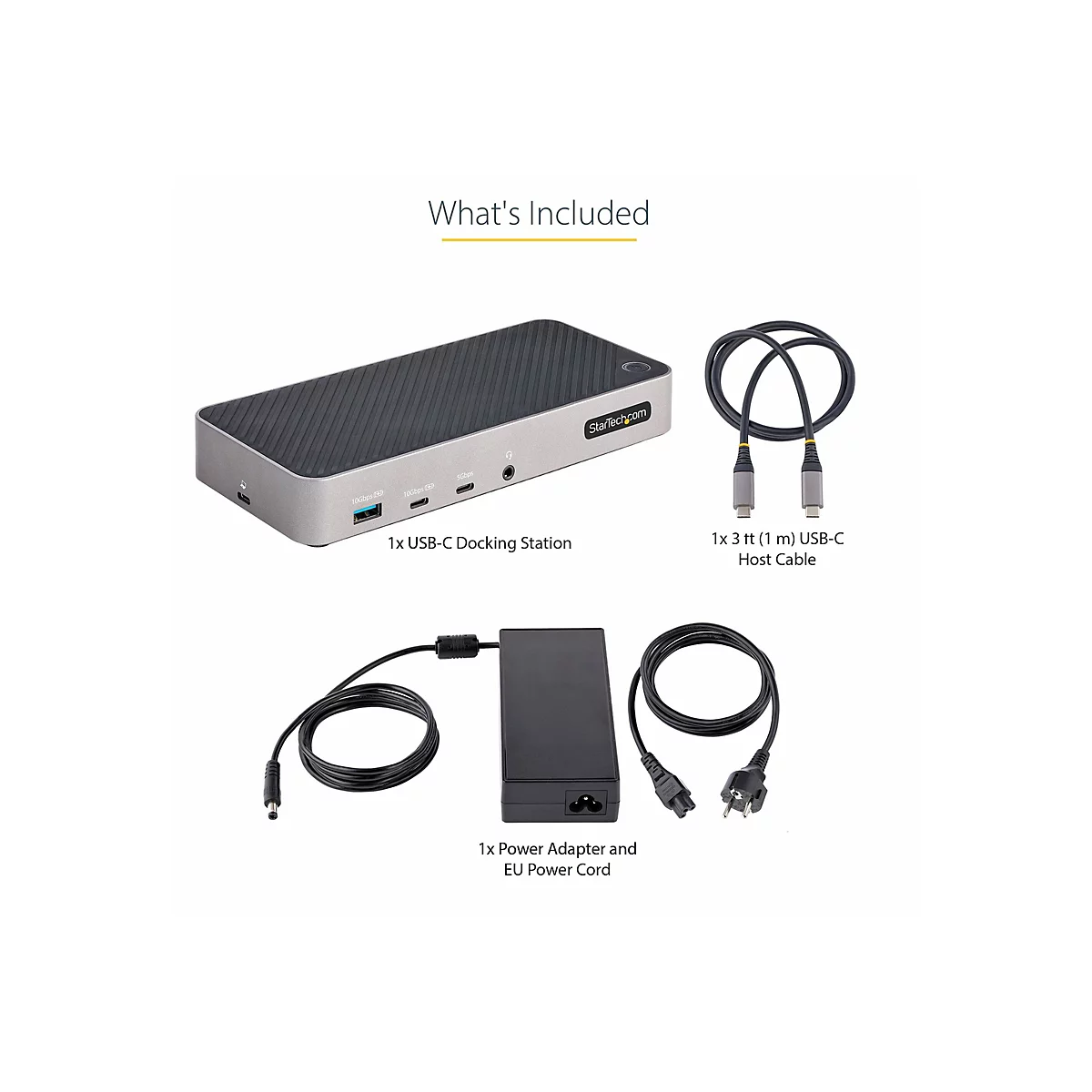 Draufsicht auf eine USB-C-Dockingstation mit ZubehÃ¶r, darunter Kabel und Netzteil, auf weiÃŸem Hintergrund.