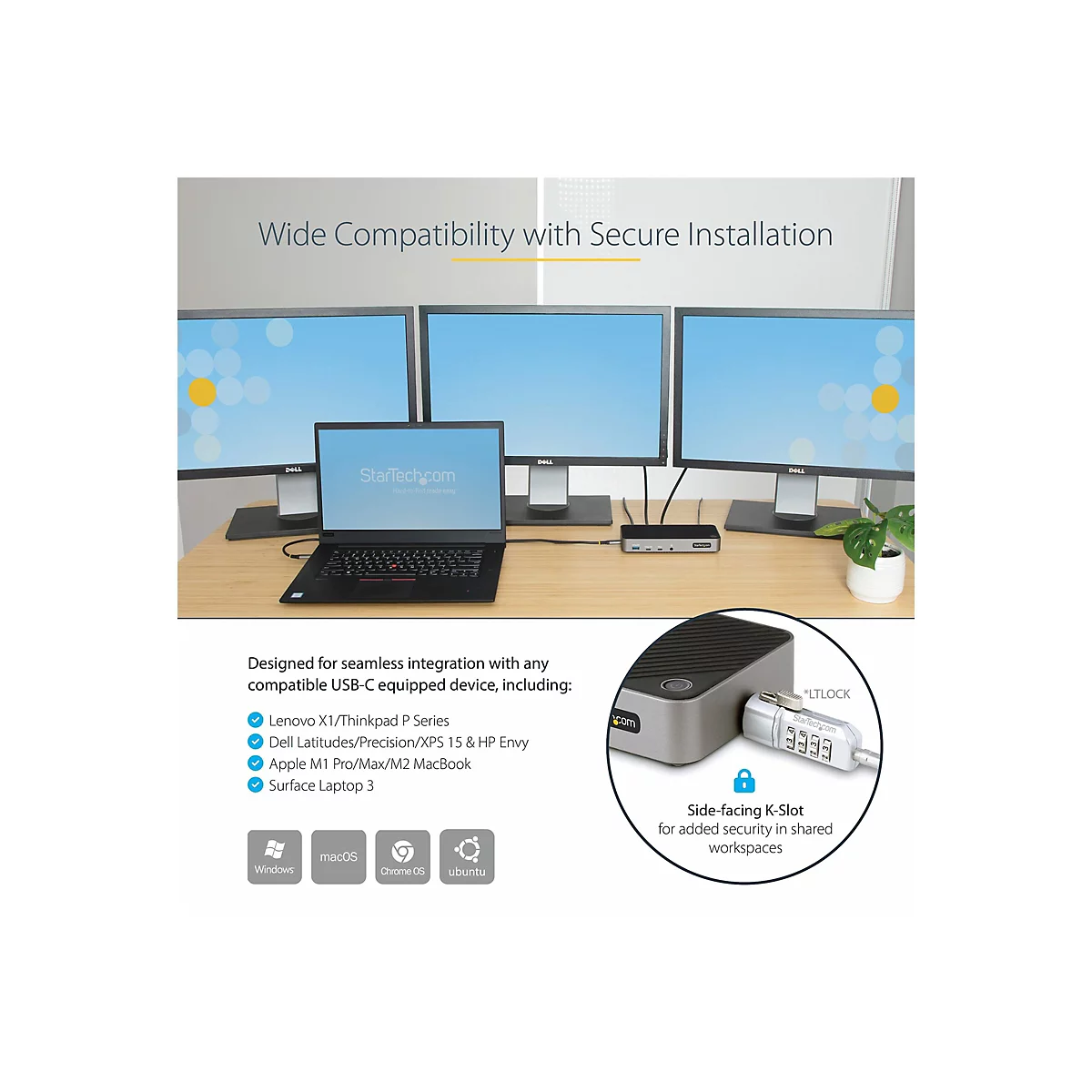 Schreibtisch mit Laptop, Monitoren und einem Sicherheitsschloss-Dockingstation. Text: Wide Compatibility with Secure Installation.