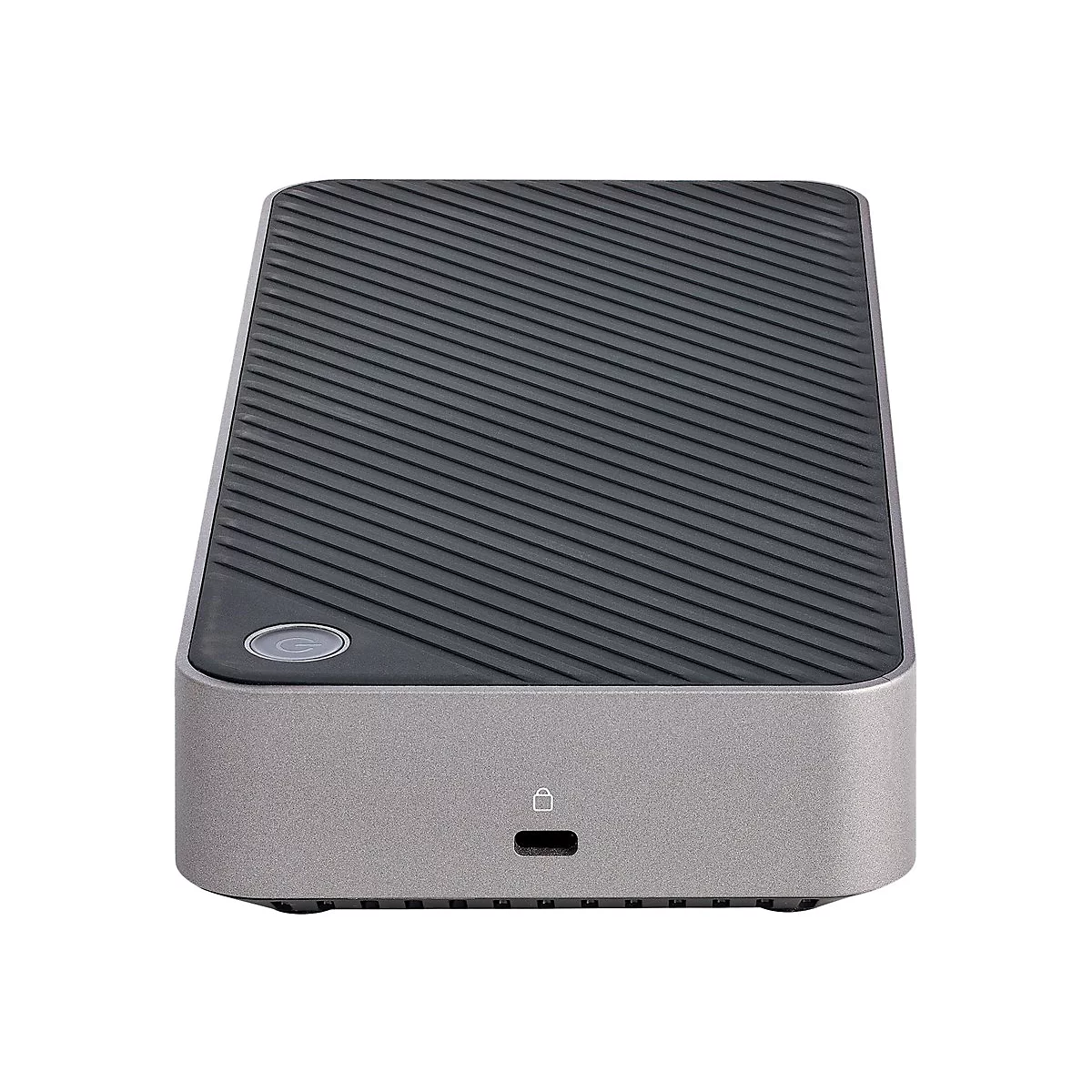 Rechteckiges, graues GerÃ¤t mit einer geriffelten, dunklen Oberseite. Auf der Vorderseite befinden sich ein USB-Anschluss und eine kleine LED.