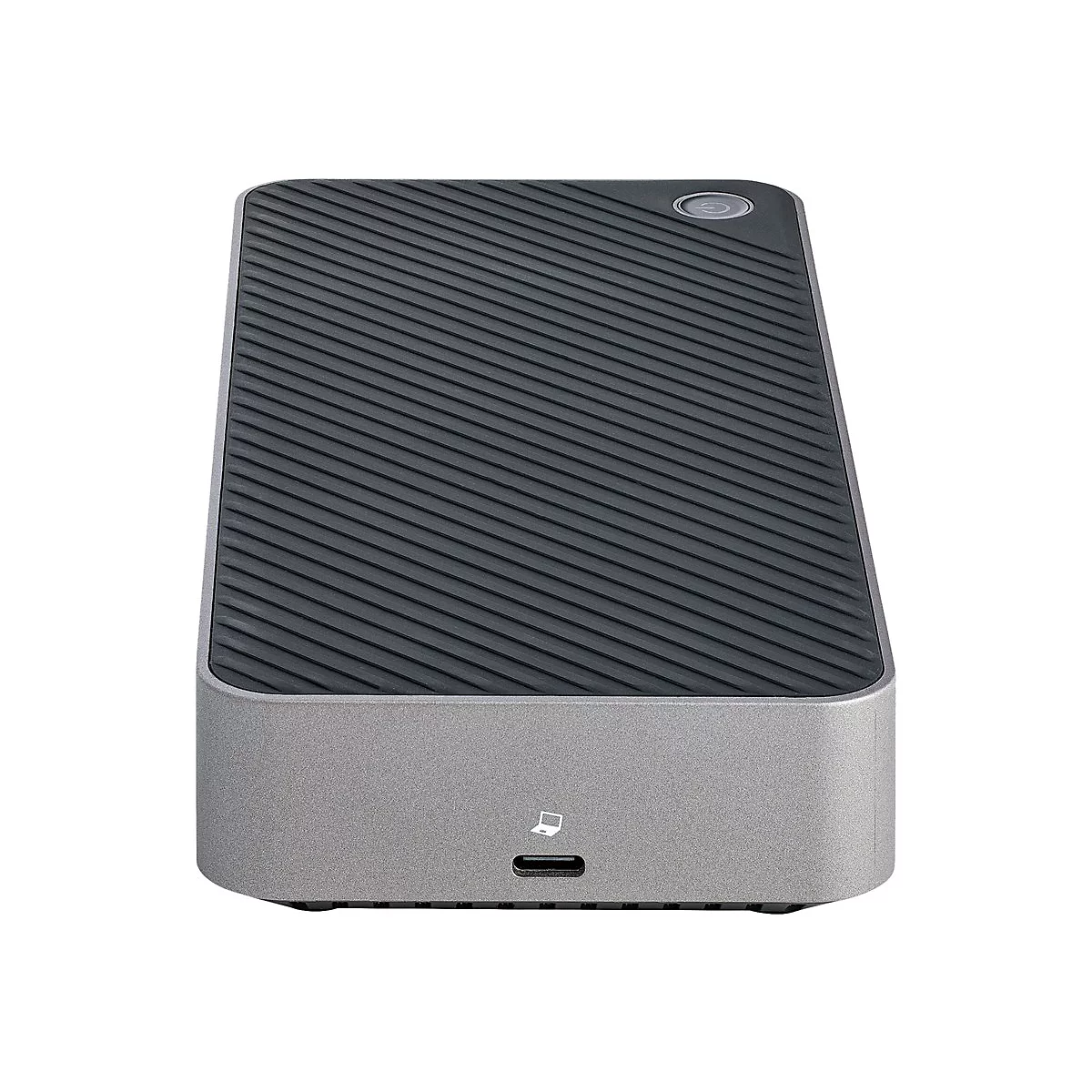Grau-schwarzer externer Festplatten-Speicher mit geriffelter OberflÃ¤che. Oberseite mit Power-Knopf. Unten Anschluss.