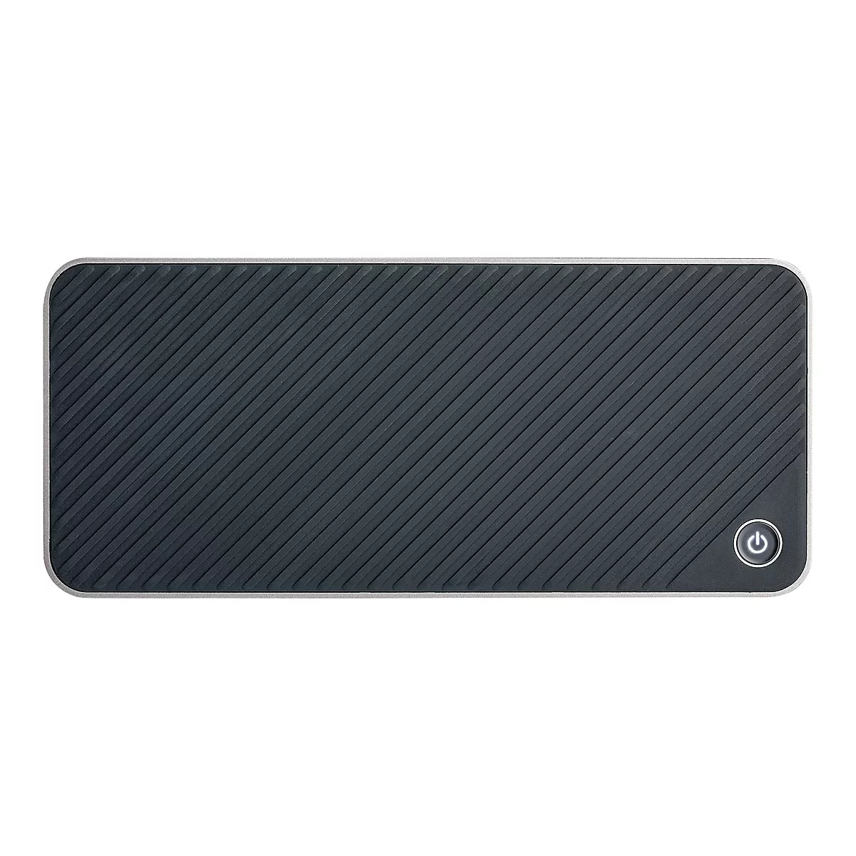 Rechteckiger, dunkler externer Festplatten Speicher mit geriffelter OberflÃ¤che, einem silbernen Rand und Einschaltknopf.