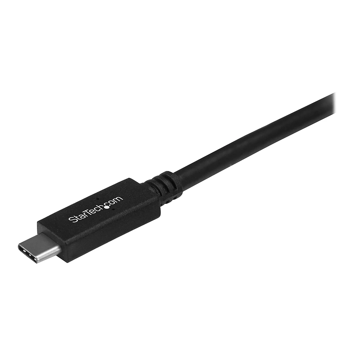 Schwarzes USB-C-Kabel, StarTech.com Logo, Detailaufnahme, weißer Hintergrund.