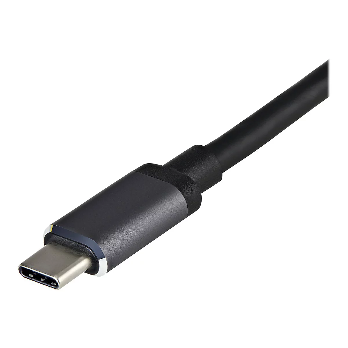 Nahaufnahme eines USB-C-Kabels mit grauem Stecker und schwarzem Kabel.
