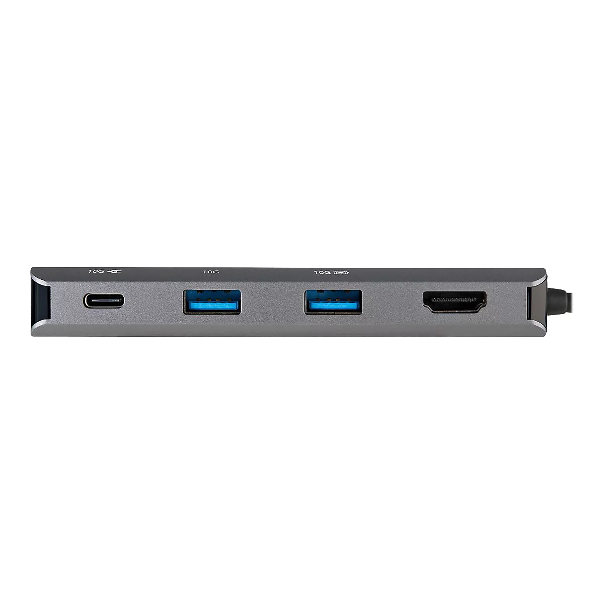 Grauer USB-C-Hub mit AnschlÃ¼ssen. Enthaltene AnschlÃ¼sse: Stromversorgung, USB 3.0, HDMI.