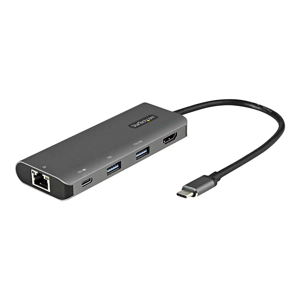 Grauer USB-C-Hub mit mehreren AnschlÃ¼ssen, einschlieÃŸlich Ethernet, USB und HDMI.