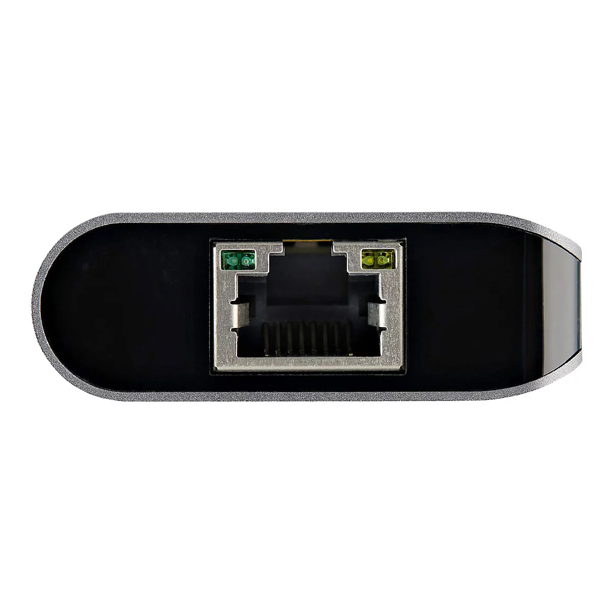 Nahe Ansicht eines schwarzen Netzwerkadapters mit silbernen Kanten, einem Ethernet-Anschluss und grÃ¼nen und gelben Lichtern.