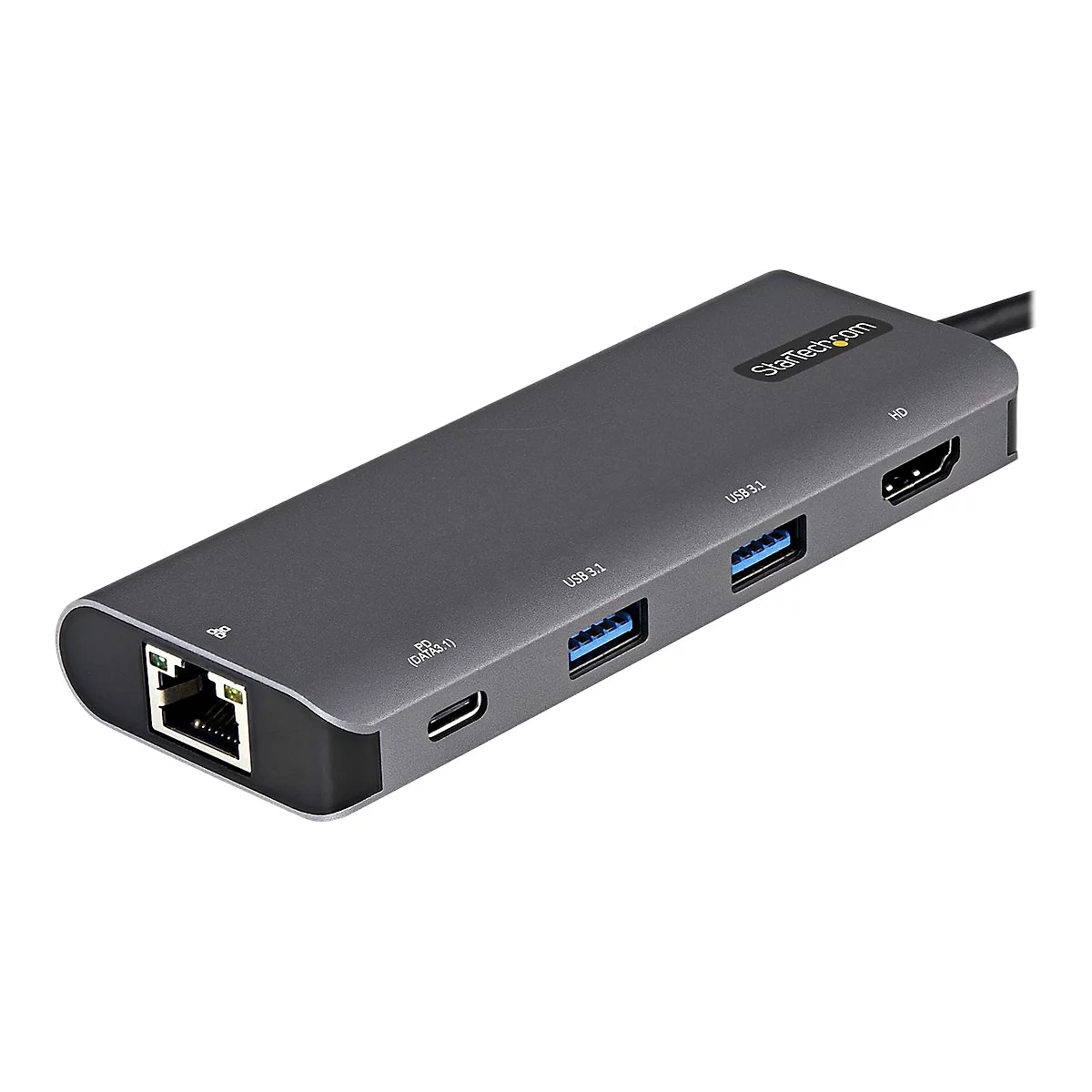 Graues Dock mit verschiedenen AnschlÃ¼ssen, darunter USB, HDMI und Ethernet. Das Produkt ist von StarTech.
