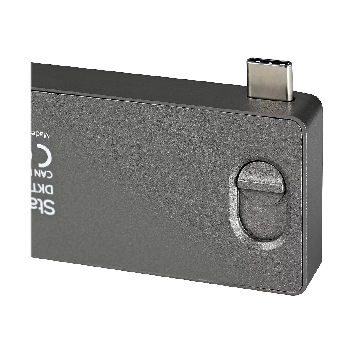 Ein grauer USB-C-Adapter mit einem Druckknopf und SchriftzÃ¼gen. Der USB-C-Stecker ist sichtbar.