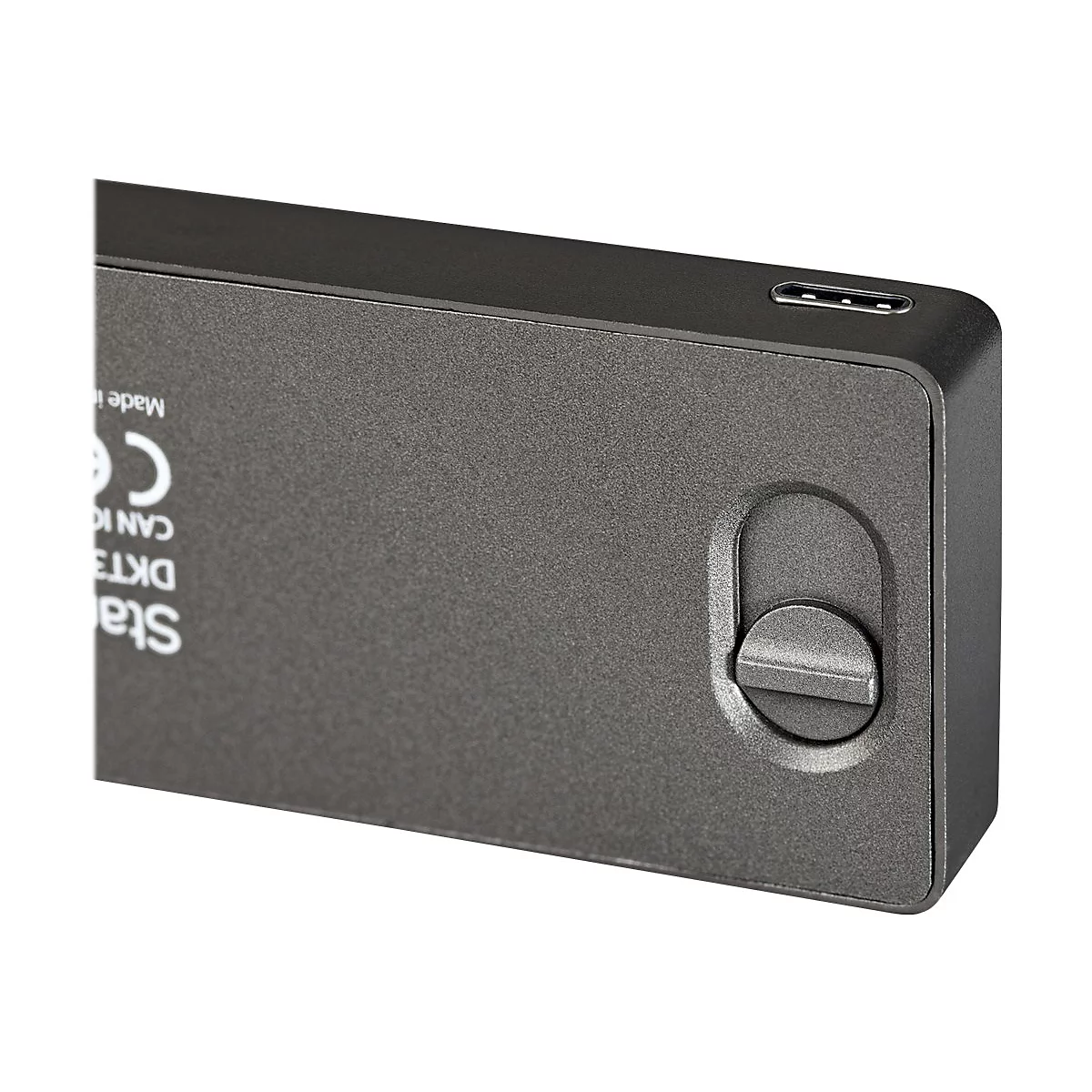 Grauer, rechteckiger Stecker mit USB-C-Anschluss und Schiebemechanismus.
