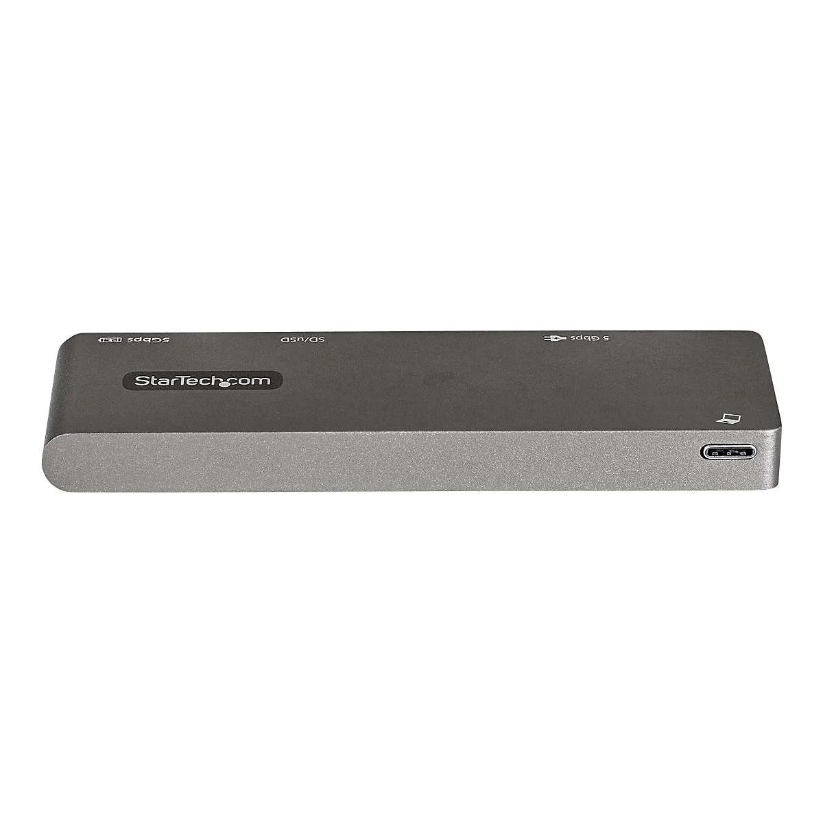 Grauer USB-C Hub mit AnschlÃ¼ssen, StarTech.com Logo auf der Oberseite.