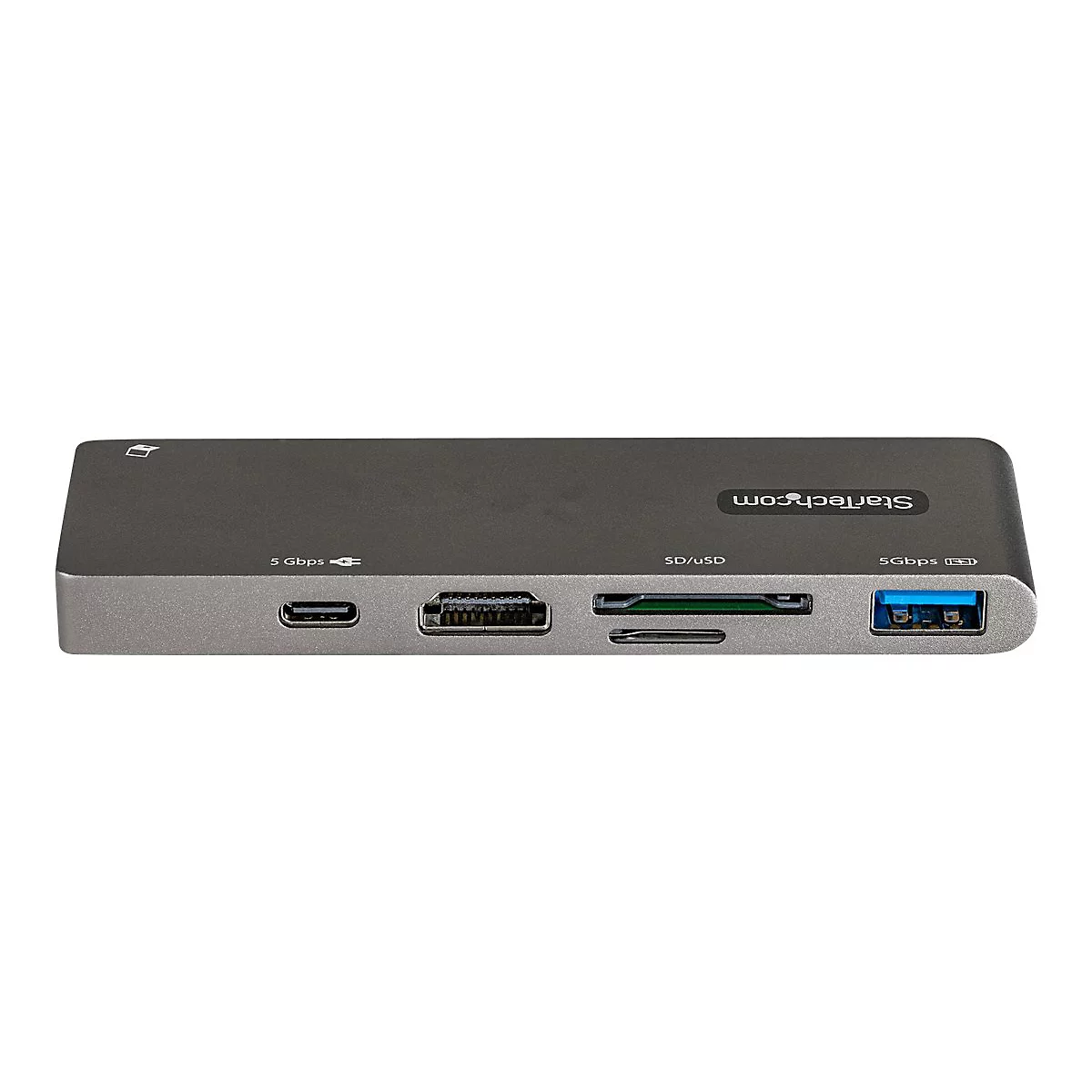 Grauer USB-C-Hub mit mehreren AnschlÃ¼ssen, wie USB, HDMI und SD-Kartenleser. Aufschrift: StarTech.com.