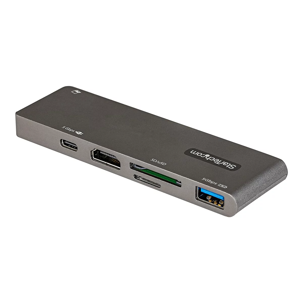 Grauer USB-C-Hub mit verschiedenen AnschlÃ¼ssen: HDMI, SD-Kartenleser, USB-A und USB-C.