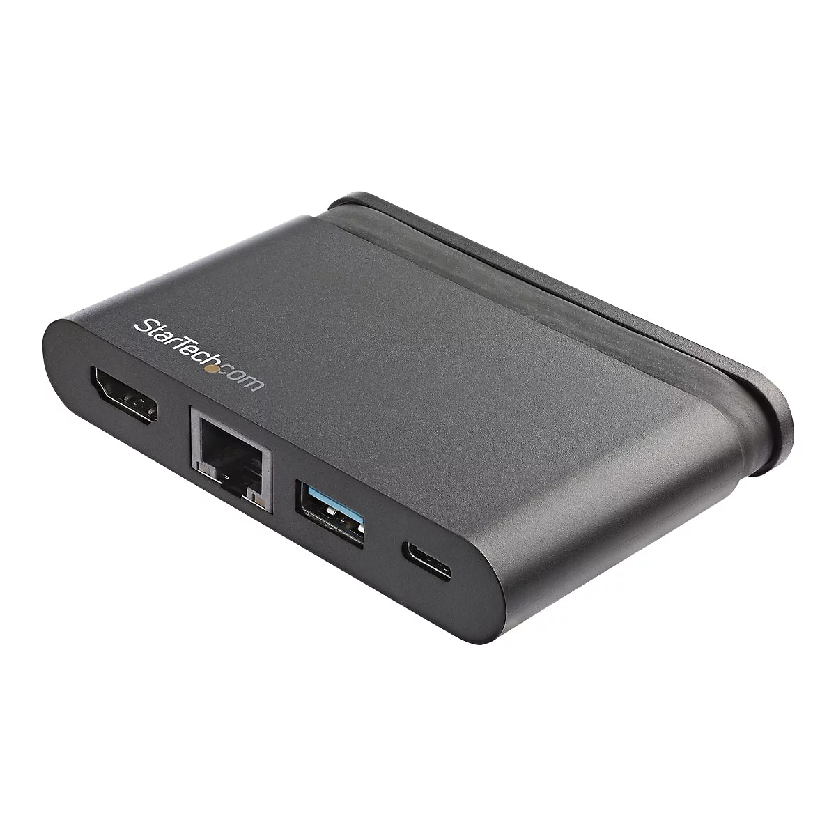 Schwarzer USB-C-Hub mit HDMI-, Ethernet- und USB-AnschlÃ¼ssen. StarTech.com-Logo sichtbar.