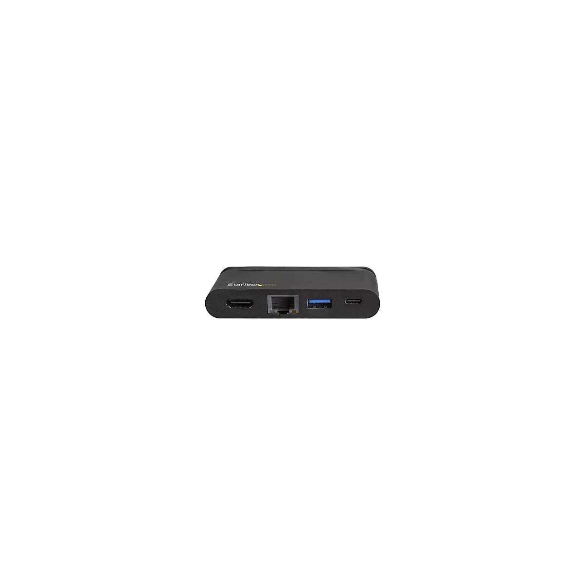 Schwarzer USB-C-Hub mit verschiedenen AnschlÃ¼ssen: HDMI, Ethernet, USB und USB-C-Anschluss. Aufschrift StarTech.com.