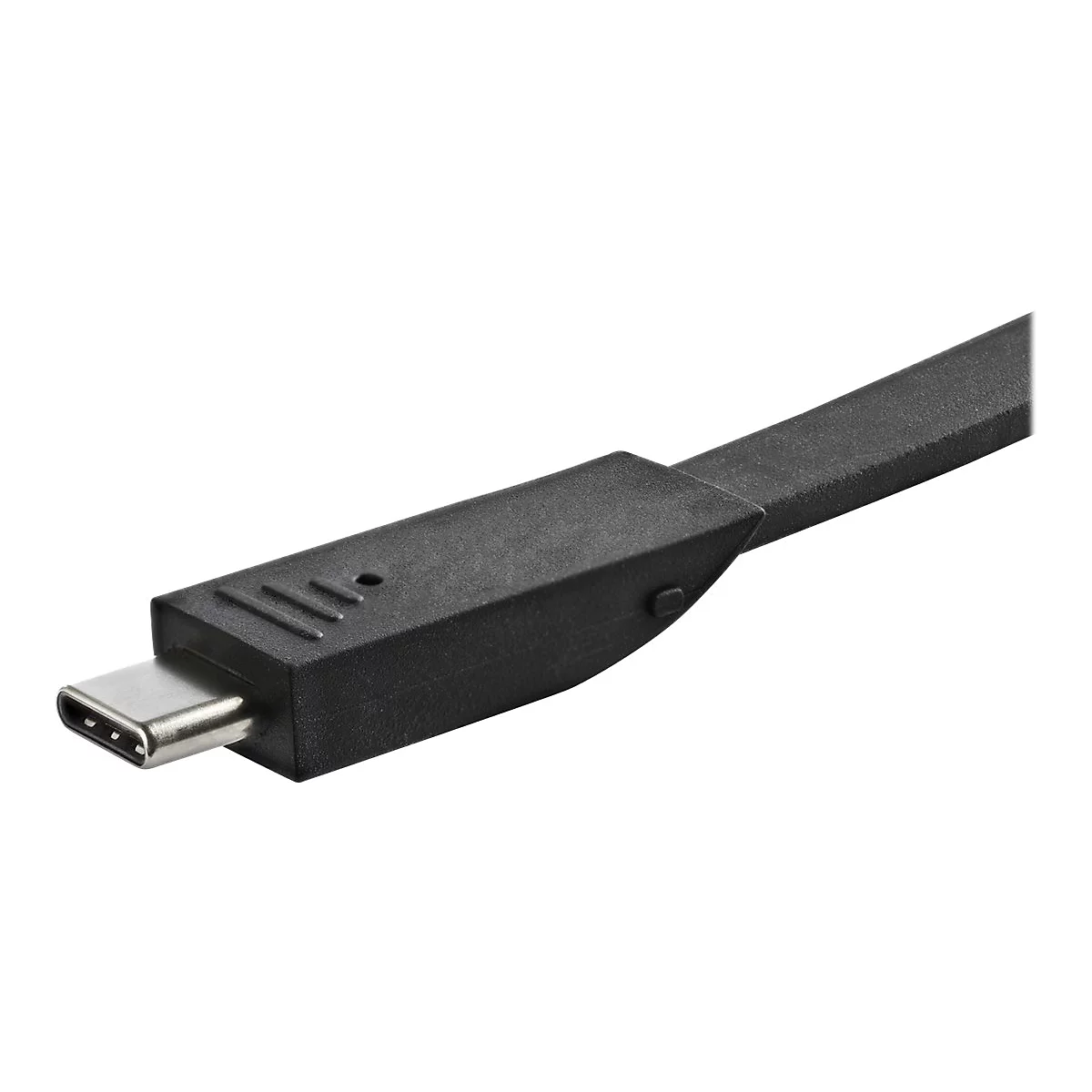 Nahe Aufnahme eines schwarzen USB-C-Kabels. Der Stecker ist silbern.