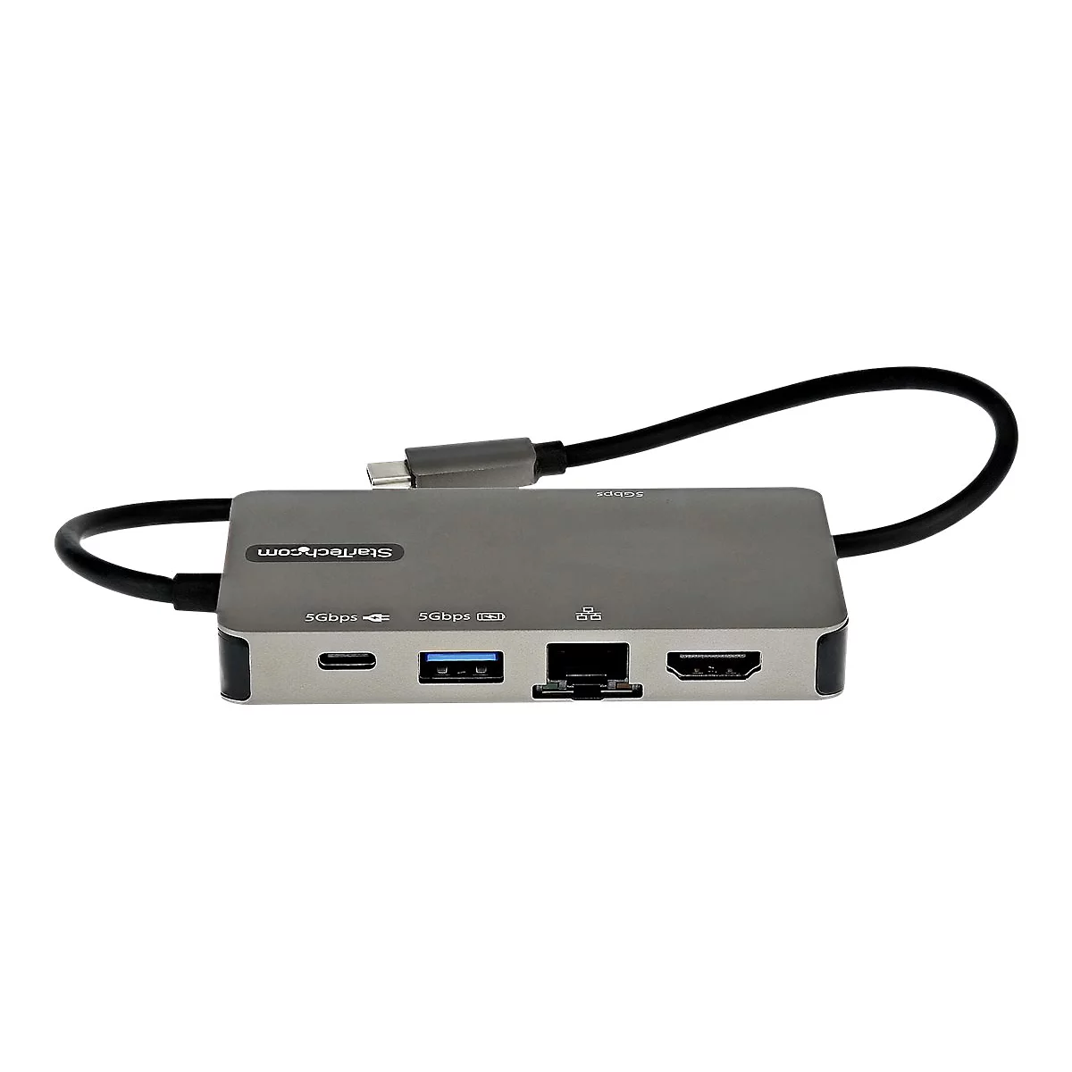 Graue USB-C-Dockingstation mit verschiedenen AnschlÃ¼ssen und einem schwarzen Kabel.