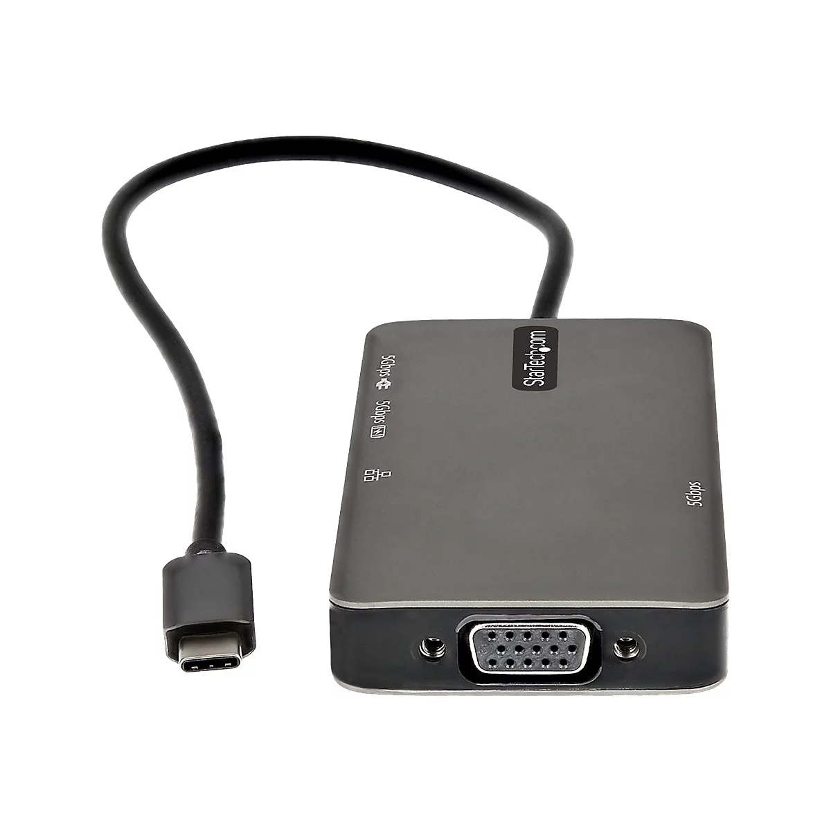 Grauer Adapter mit USB-C-Stecker und VGA-Anschluss, verbunden mit einem schwarzen Kabel. StarTech.com-Logo.