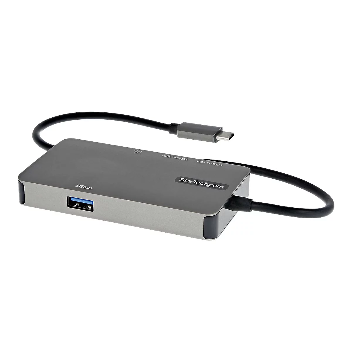 Ein grauer USB-C-Hub mit Kabel und USB-A-Anschluss, vor weiÃŸem Hintergrund.