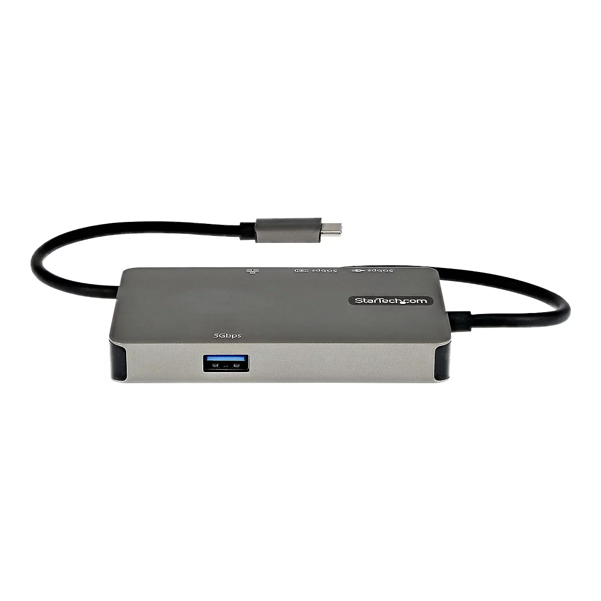 Grauer USB-C-Hub von StarTech.com mit Kabeln und AnschlÃ¼ssen.