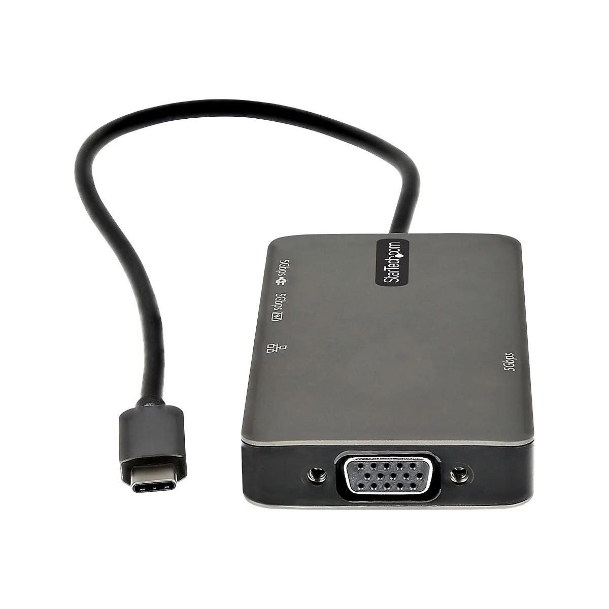 Ein grauer USB-C-Adapter mit VGA-Anschluss. Der Adapter hat ein Kabel mit USB-C-Stecker.