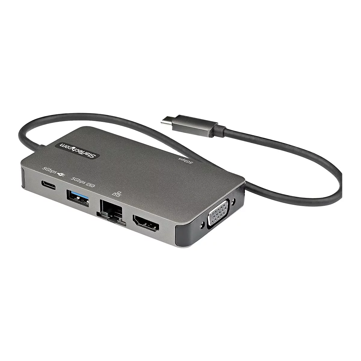 Grauer USB-C-Hub mit diversen AnschlÃ¼ssen, verbunden Ã¼ber ein schwarzes Kabel.